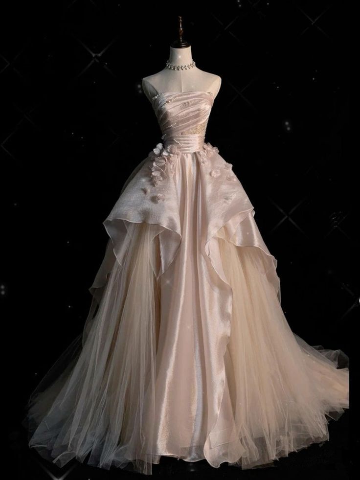Sweet Pink A-Line Tulle Satin Long Classy Prom Dress Strapless Applique Wedding Dress