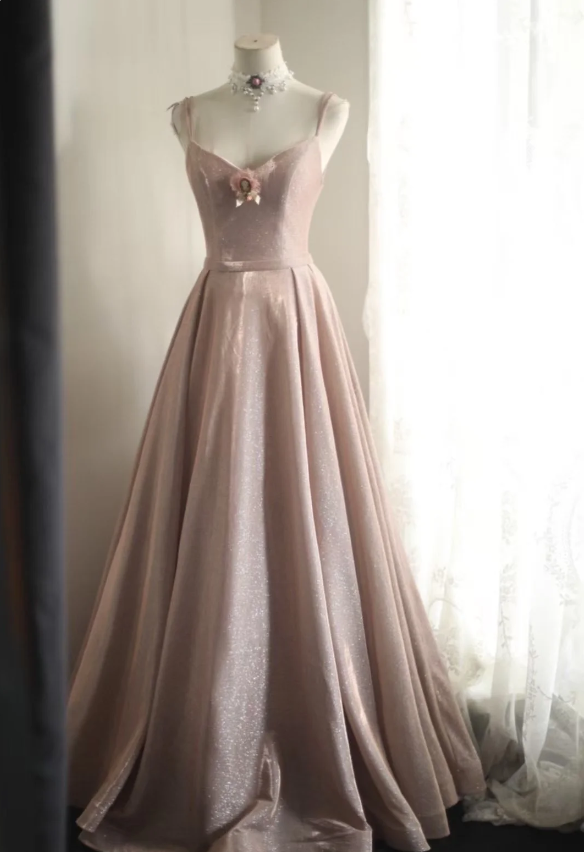 Sweet Pink A-Line V-Neck Sequined Long Classy Prom Dress Bridesmaid Dress