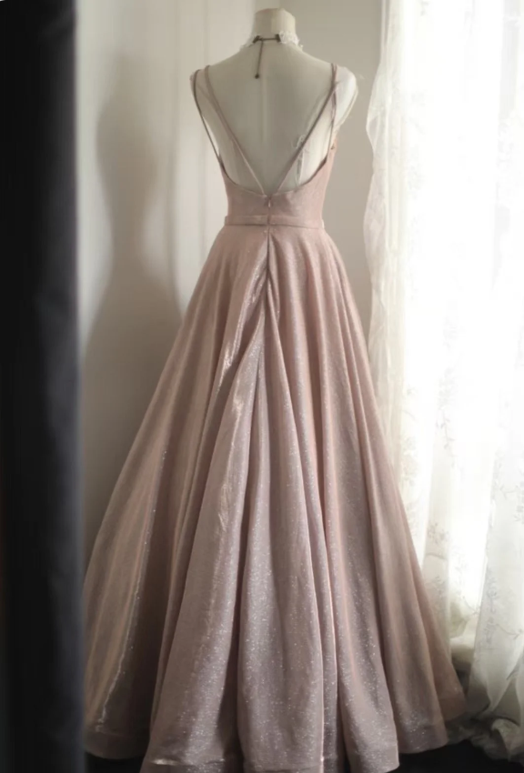 Sweet Pink A-Line V-Neck Sequined Long Classy Prom Dress Bridesmaid Dress