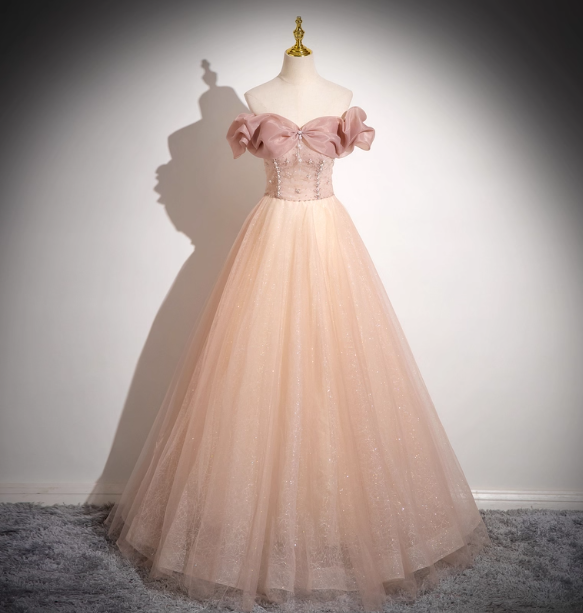 Sweet Pink Apricot One-Shoulder Tulle Long Ball Gown Prom Dress Sweet 16 Dress