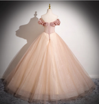 Sweet Pink Apricot One-Shoulder Tulle Long Ball Gown Prom Dress Sweet 16 Dress