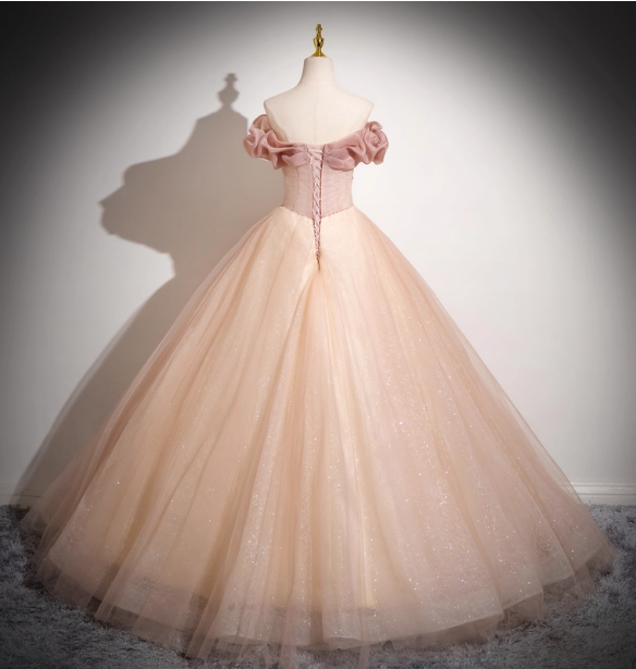 Sweet Pink Apricot One-Shoulder Tulle Long Ball Gown Prom Dress Sweet 16 Dress