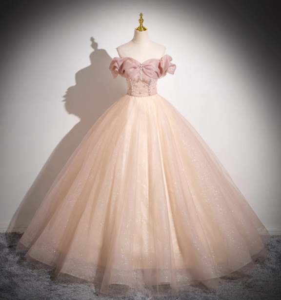 Sweet Pink Apricot One-Shoulder Tulle Long Ball Gown Prom Dress Sweet 16 Dress Main image