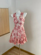 Sweet Pink Floral Backless Multi-Layered Pleated Chiffon Homecoming Dress