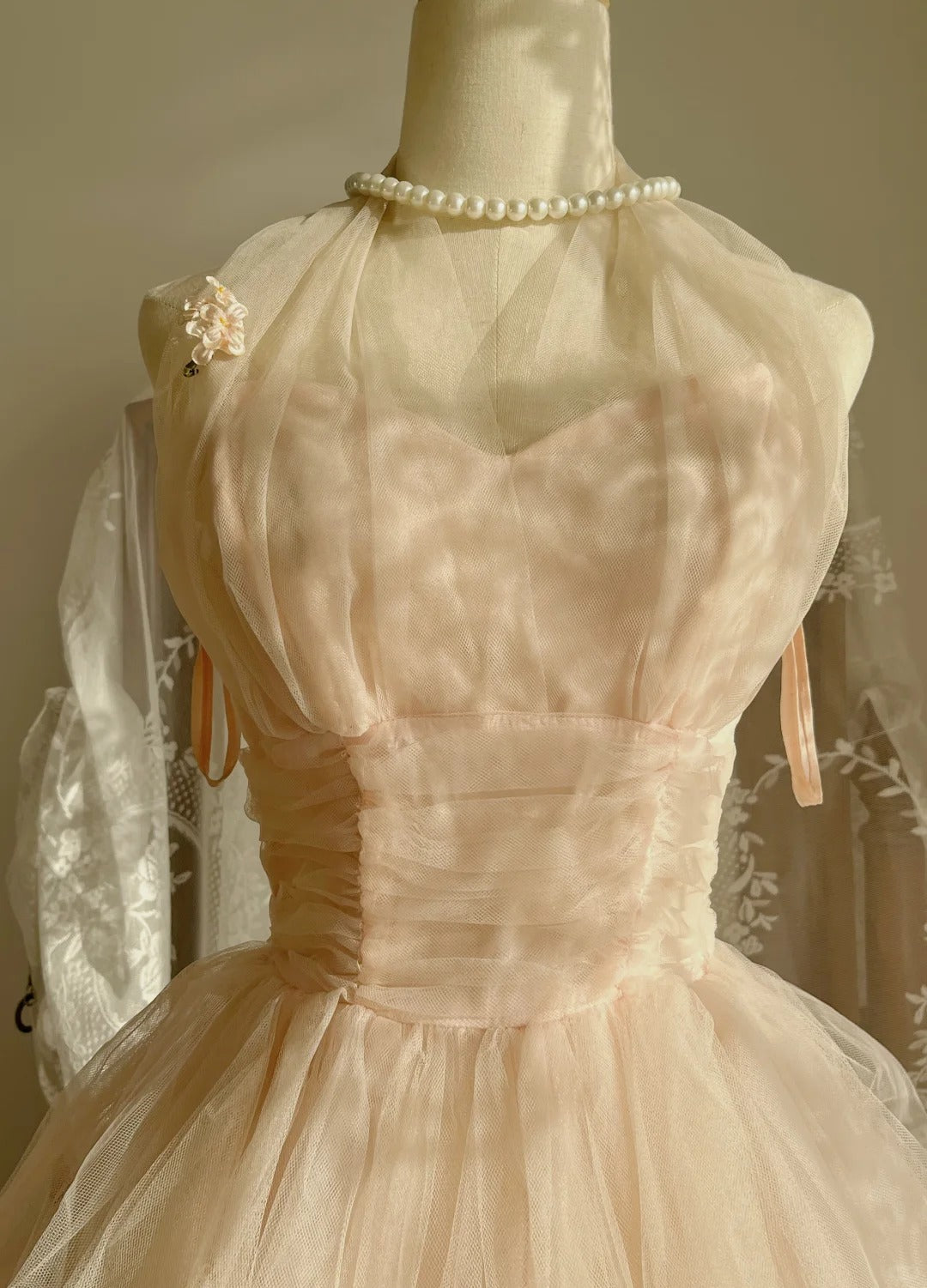 Sweet Pink Halter Neck Tulle Long Ball Gown Prom Dress