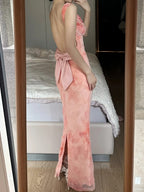 Sweet Pink Mermaid Backless Bow Print Chiffon Long Classy Prom Dress