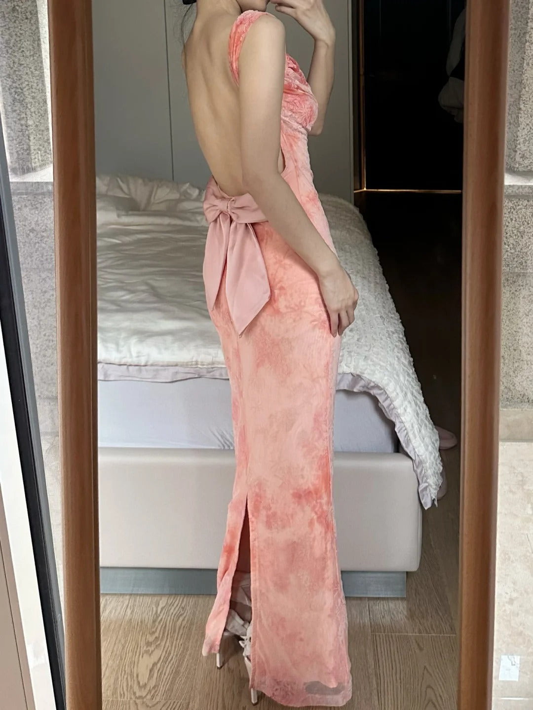 Sweet Pink Mermaid Backless Bow Print Chiffon Long Classy Prom Dress