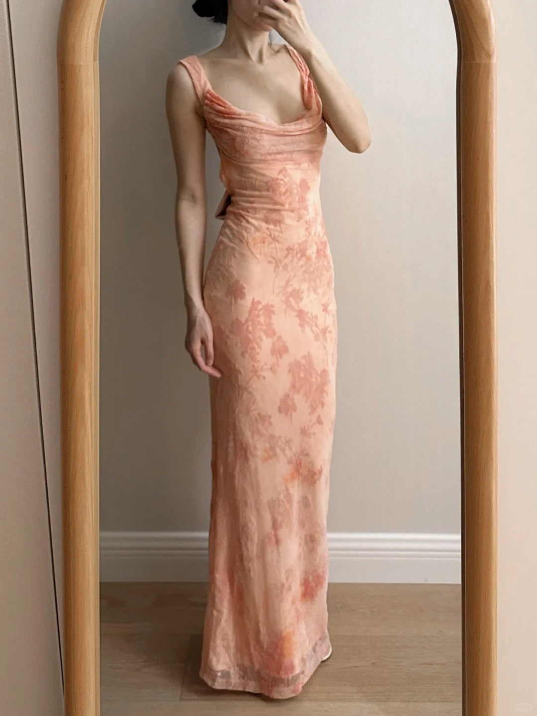 Sweet Pink Mermaid Backless Bow Print Chiffon Long Classy Prom Dress