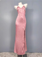 Sweet Pink Mermaid Cross-Ribbon Embroidered Satin Slit Long Classy Prom Dress