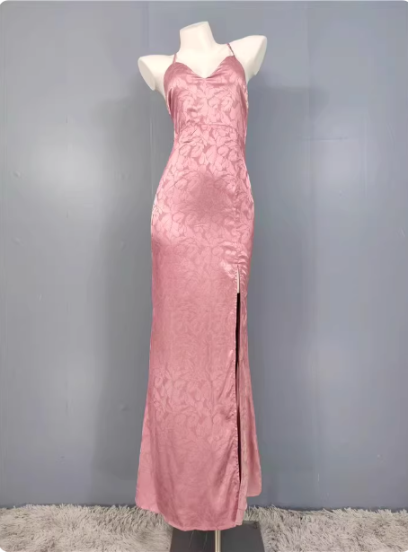 Sweet Pink Mermaid Cross-Ribbon Embroidered Satin Slit Long Classy Prom Dress