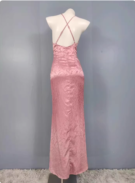 Sweet Pink Mermaid Cross-Ribbon Embroidered Satin Slit Long Classy Prom Dress
