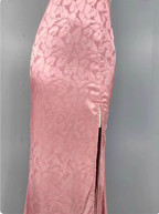 Sweet Pink Mermaid Cross-Ribbon Embroidered Satin Slit Long Classy Prom Dress