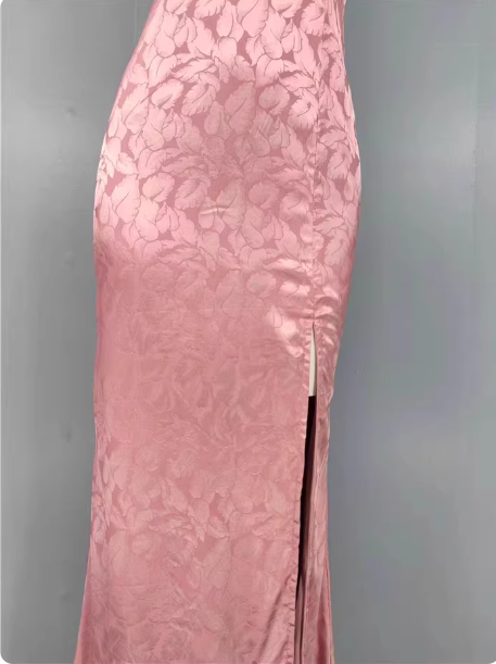 Sweet Pink Mermaid Cross-Ribbon Embroidered Satin Slit Long Classy Prom Dress