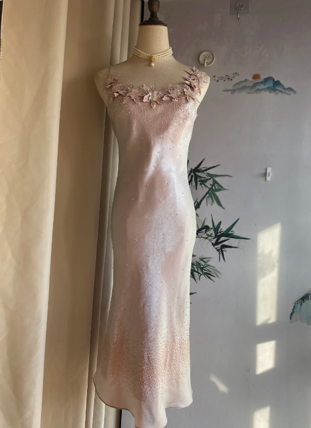 Sweet Pink Mermaid Halter 3D Floral Satin Classy Prom Dress Bridesmaid Dress Secondary image