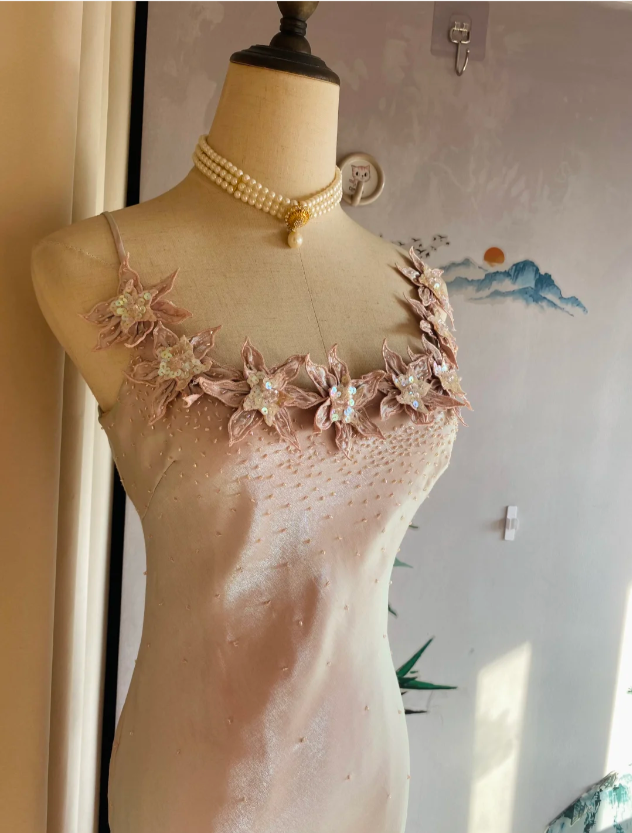 Sweet Pink Mermaid Halter 3D Floral Satin Classy Prom Dress Bridesmaid Dress