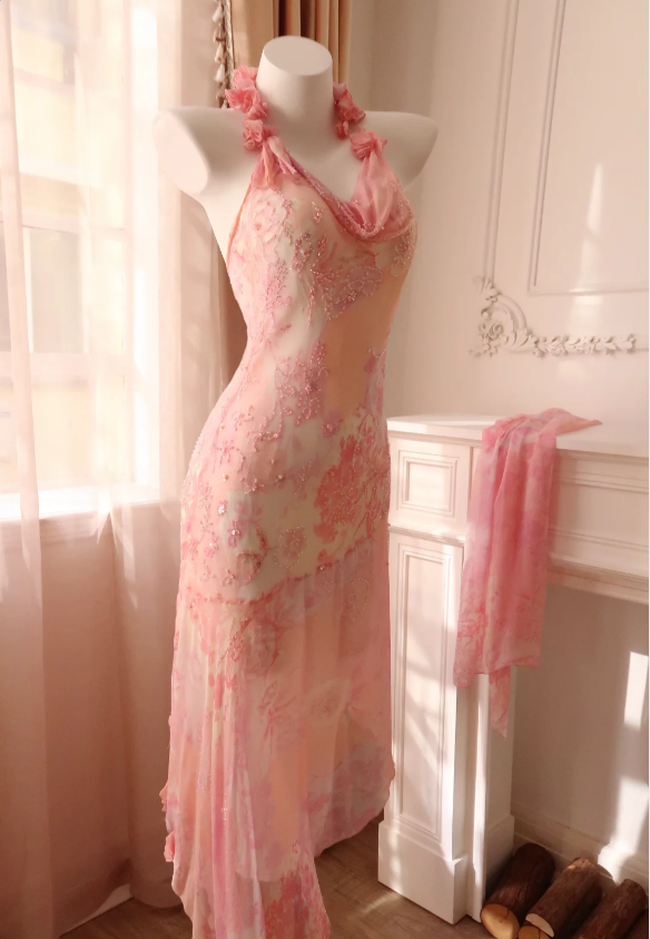 Sweet Pink Mermaid Halter Neck Beaded Chiffon Classy Prom Dress