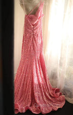 Sweet Pink Mermaid One Shoulder Sequined Pleated Long Evening Prom Dress Backless Evening Dress