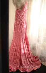 Sweet Pink Mermaid One Shoulder Sequined Pleated Long Evening Prom Dress Backless Evening Dress