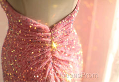 Sweet Pink Mermaid One Shoulder Sequined Pleated Long Evening Prom Dress Backless Evening Dress