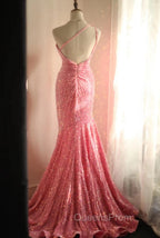 Sweet Pink Mermaid One Shoulder Sequined Pleated Long Evening Prom Dress Backless Evening Dress
