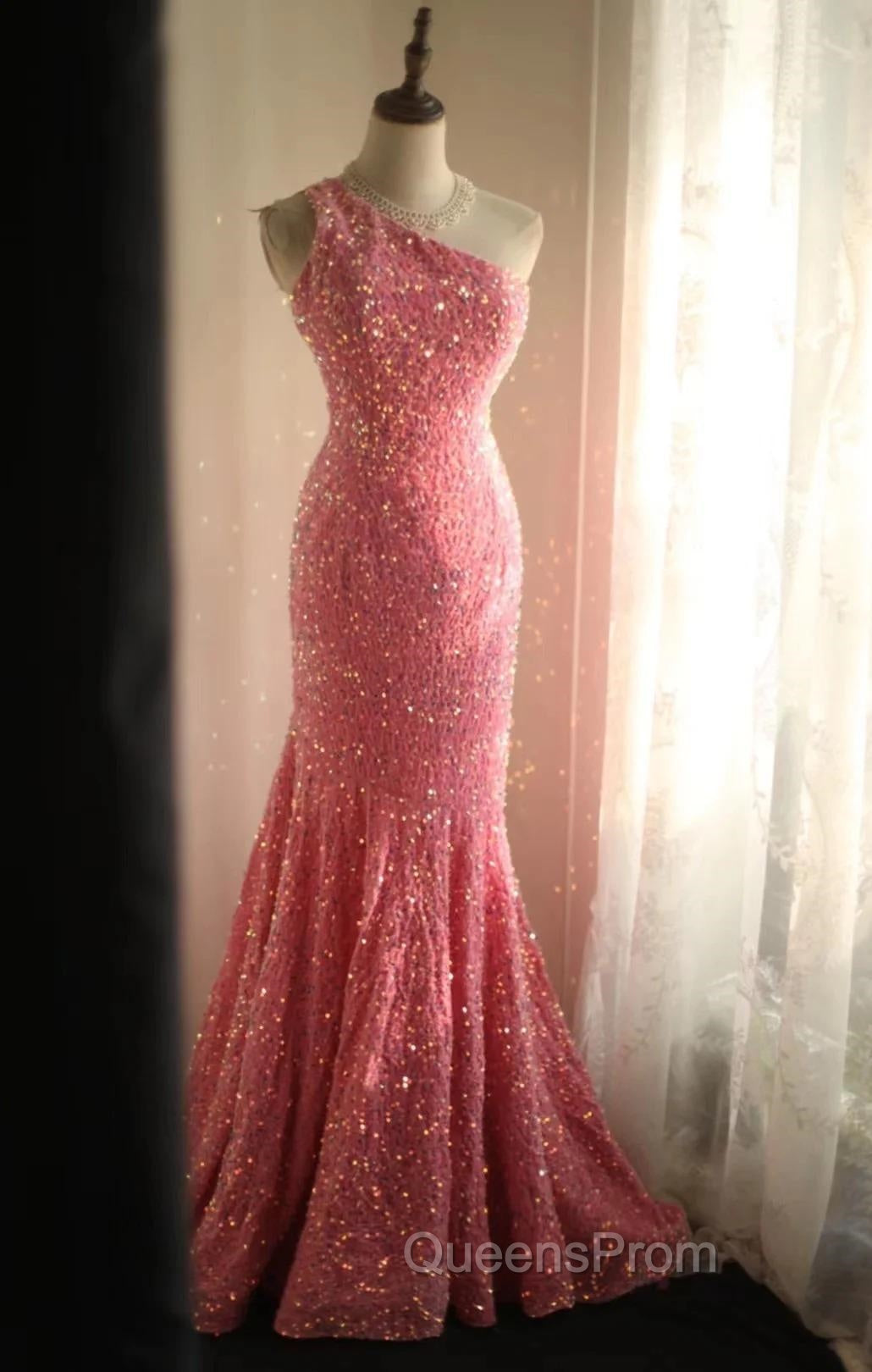 Sweet Pink Mermaid One Shoulder Sequined Pleated Long Evening Prom Dress Backless Evening Dress