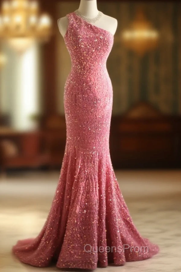 Sweet Pink Mermaid One Shoulder Sequined Pleated Long Evening Prom Dress Backless Evening Dress Main image