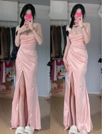 Sweet Pink Mermaid V-Neck Spaghetti Strap Satin Slit Long Classy Prom Dress
