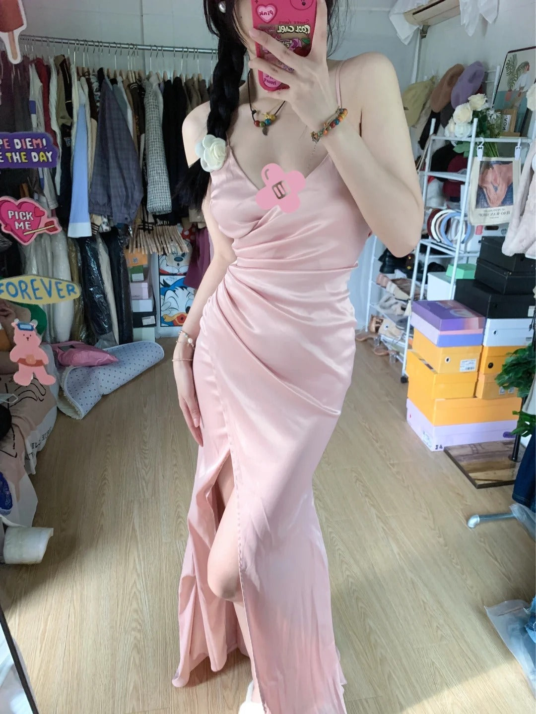 Sweet Pink Mermaid V-Neck Spaghetti Strap Satin Slit Long Classy Prom Dress Main image