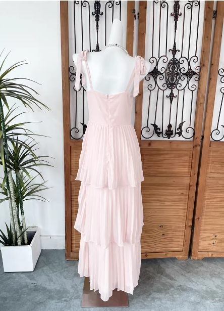 Sweet Pink Multi-Layered Tiered Bow Strap Chiffon Long Classy Prom Dress Secondary image