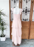 Sweet Pink Multi-Layered Tiered Bow Strap Chiffon Long Classy Prom Dress