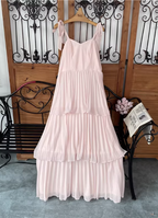 Sweet Pink Multi-Layered Tiered Bow Strap Chiffon Long Classy Prom Dress