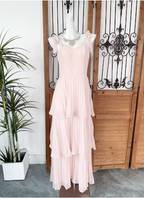 Sweet Pink Multi-Layered Tiered Bow Strap Chiffon Long Classy Prom Dress