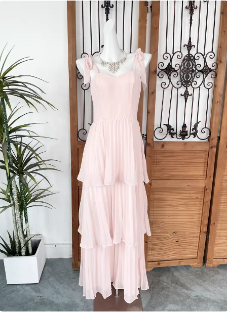 Sweet Pink Multi-Layered Tiered Bow Strap Chiffon Long Classy Prom Dress