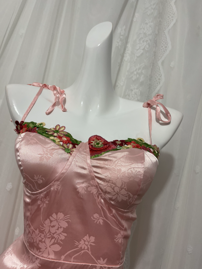 Sweet Pink Spaghetti Strap Embroidered Jacquard Satin Classy Prom Dress