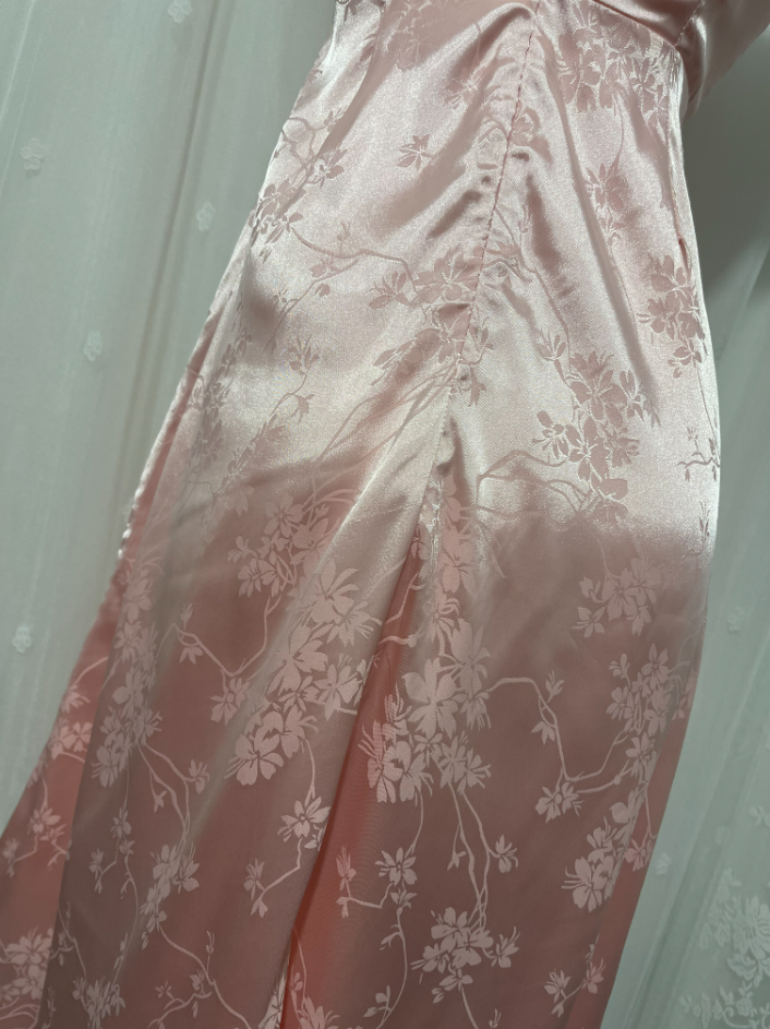 Sweet Pink Spaghetti Strap Embroidered Jacquard Satin Classy Prom Dress