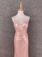 Sweet Pink Spaghetti Strap V-Neck Ruffled Open Back Satin Train Classy Prom Dress Bridesmaid Dress