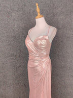 Sweet Pink Spaghetti Strap V-Neck Ruffled Open Back Satin Train Classy Prom Dress Bridesmaid Dress