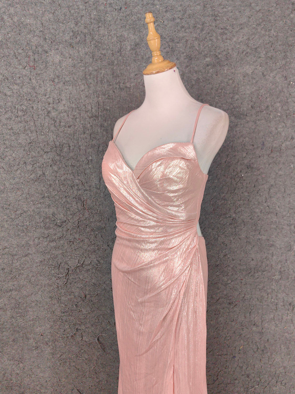 Sweet Pink Spaghetti Strap V-Neck Ruffled Open Back Satin Train Classy Prom Dress Bridesmaid Dress
