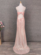 Sweet Pink Spaghetti Strap V-Neck Ruffled Open Back Satin Train Classy Prom Dress Bridesmaid Dress