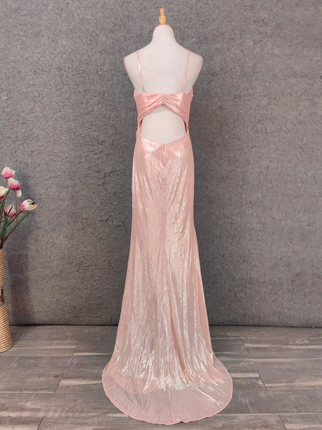 Sweet Pink Spaghetti Strap V-Neck Ruffled Open Back Satin Train Classy Prom Dress Bridesmaid Dress