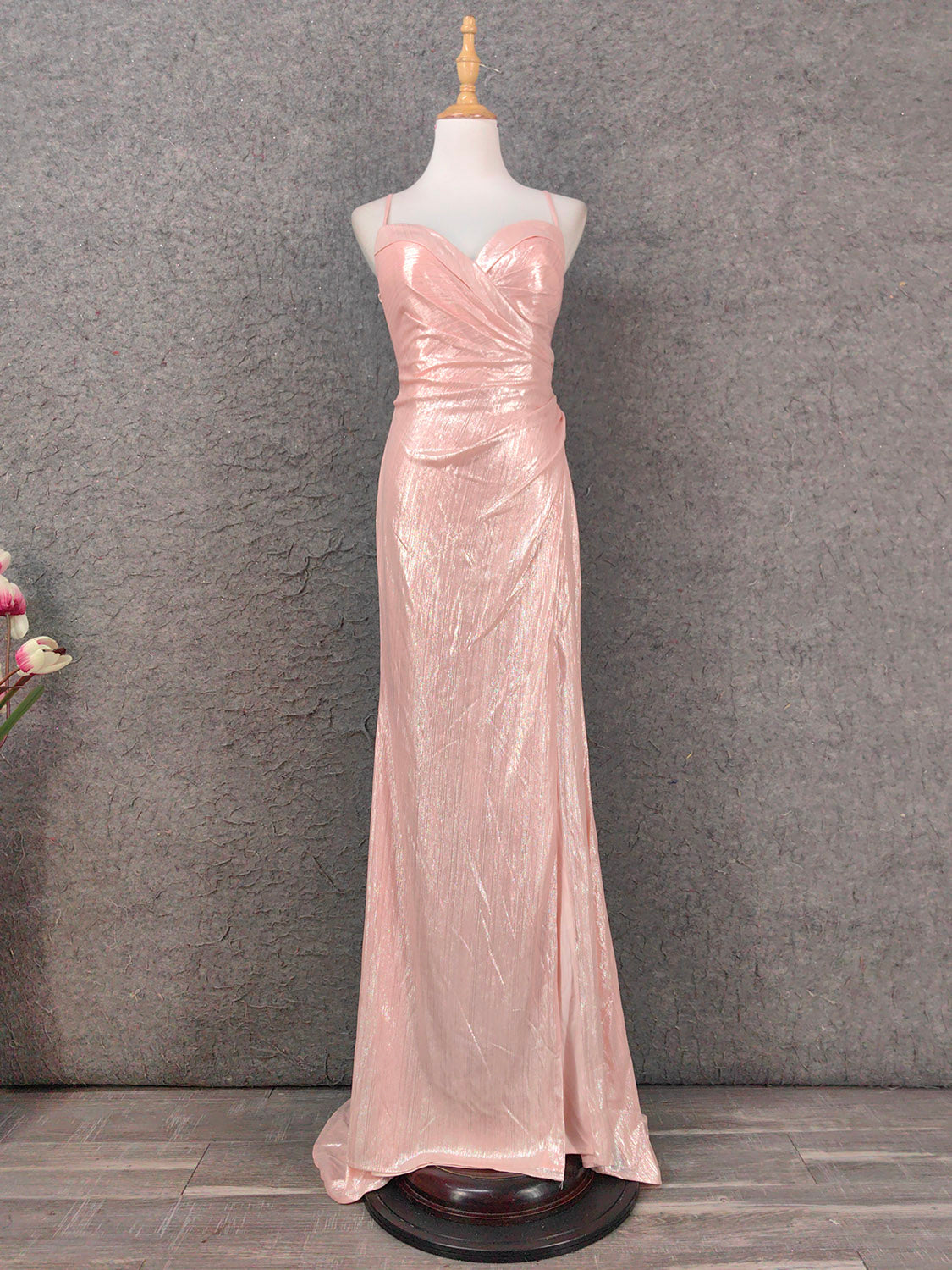 Sweet Pink Spaghetti Strap V-Neck Ruffled Open Back Satin Train Classy Prom Dress Bridesmaid Dress