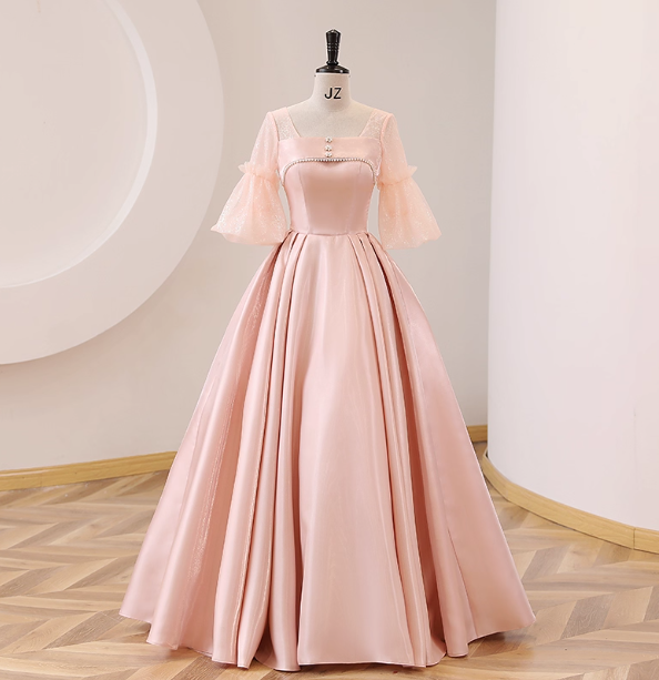 Sweet Pink Square Neck Lace Sleeve Satin Ball Gown Prom Dress Sweet 16 Dress