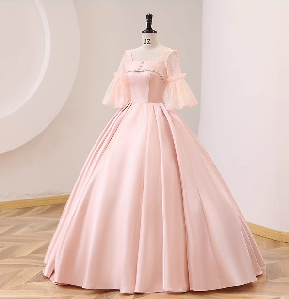Sweet Pink Square Neck Lace Sleeve Satin Ball Gown Prom Dress Sweet 16 Dress
