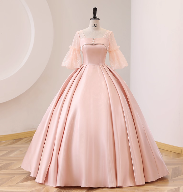 Sweet Pink Square Neck Lace Sleeve Satin Ball Gown Prom Dress Sweet 16 Dress Main image