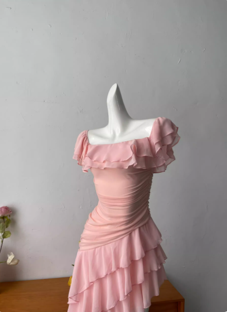 Sweet Pink Square Neck Ruffle Irregular Chiffon Long Classy Prom Dress Secondary image