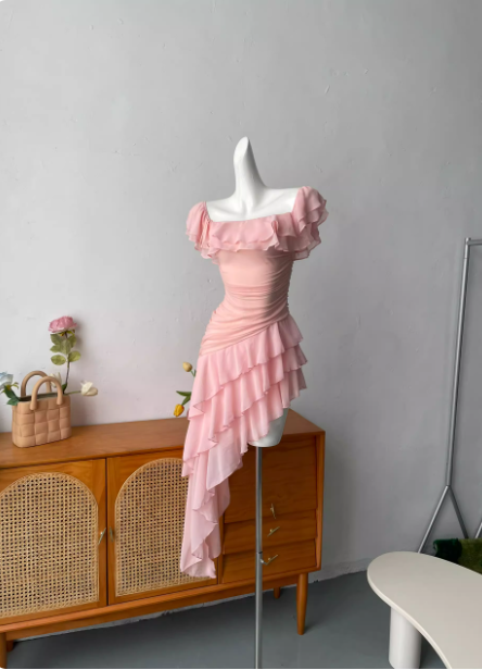Sweet Pink Square Neck Ruffle Irregular Chiffon Long Classy Prom Dress