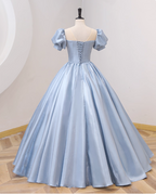 Sweet Princess Light Blue Square Neck Bow Puff Sleeve Satin Ball Gown Prom Dress Sweet 16 Dress