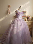 Sweet Princess Light Purple 3D Floral Square Neck Bow Tulle Ball Gown Prom Dress Sweet 16 Dress
