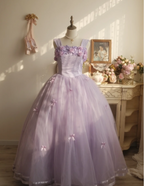 Sweet Princess Light Purple 3D Floral Square Neck Bow Tulle Ball Gown Prom Dress Sweet 16 Dress