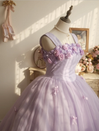 Sweet Princess Light Purple 3D Floral Square Neck Bow Tulle Ball Gown Prom Dress Sweet 16 Dress